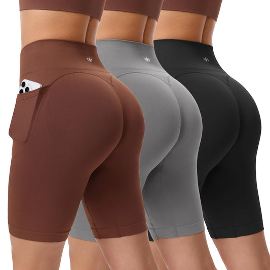 BLUELILY 3 Pack Women's Biker Shorts with Pockets 5" 8" Seamless High Waisted Tummy Control Workout Shorts for Running Gym
