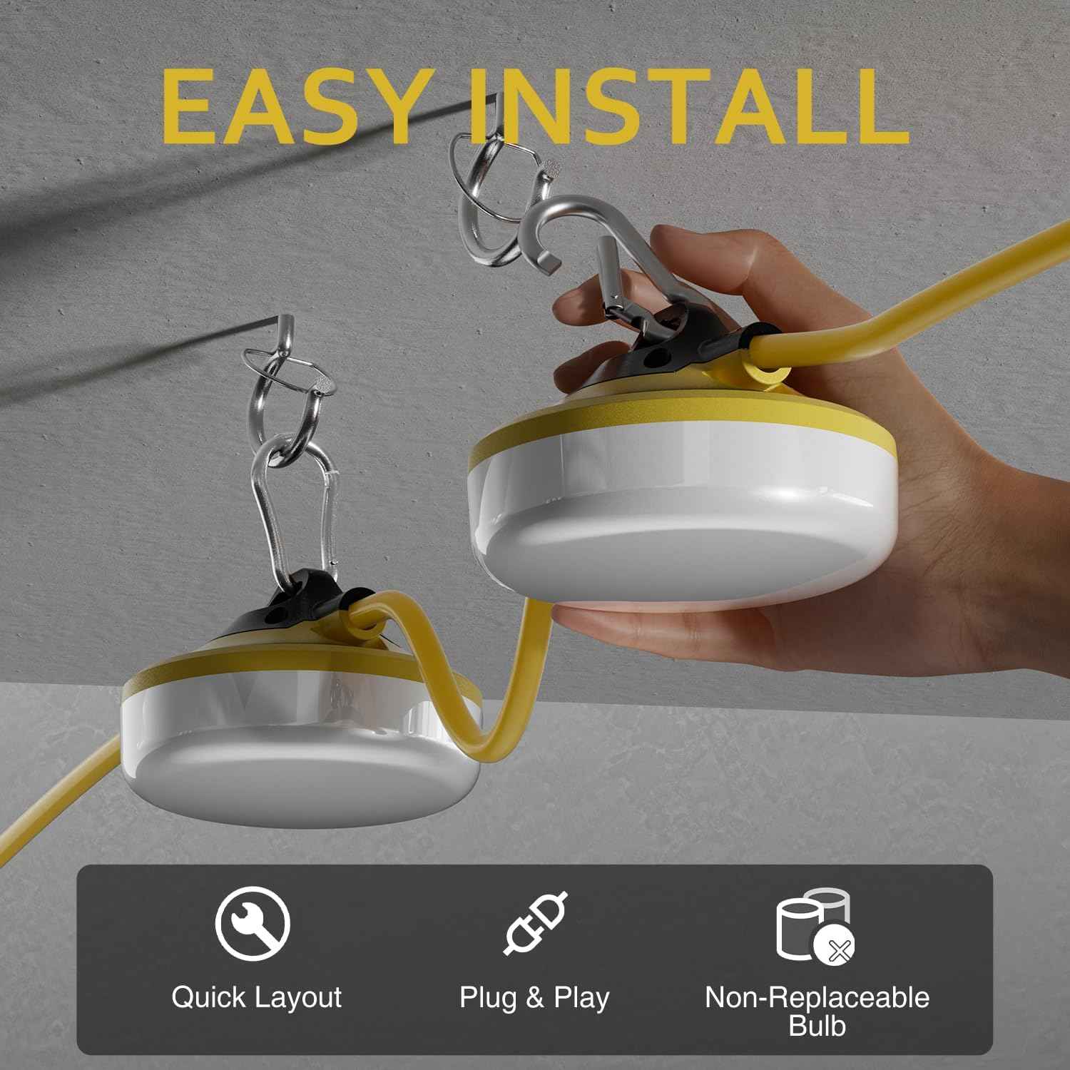 50FT LED Construction String Lights - 5000LM Daylight, IP65 Waterproof, 50W Temporary Work Lighting for Indoor/Outdoor Use