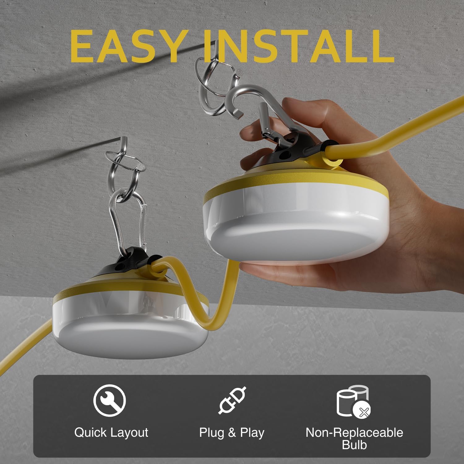 50FT LED Construction String Lights - 5000LM Daylight, IP65 Waterproof, 50W Temporary Work Lighting for Indoor/Outdoor Use
