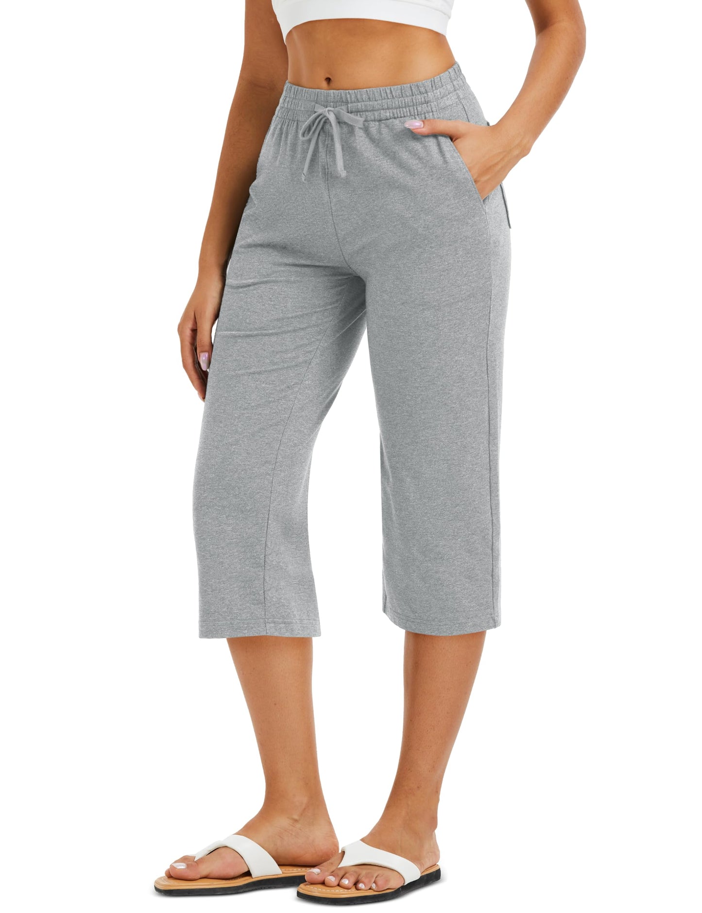 MAGCOMSEN Women's Cotton Capri Pants with 5 Pockets Stretch Summer Capris Yoga Workout Athletic Sweatpants Spandex Light Grey M