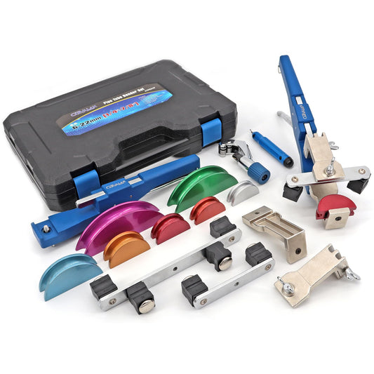 CARVALAX 90° Ratcheting Tube Bender Kit - 7 Color-Coded Aluminum Heads for 1/4" to 7/8" Pipes, Reverse-Bend Adapters & Portable Toolbox, Tube Cutter & Deburring for HVAC/Hydraulic Projects (Blue）