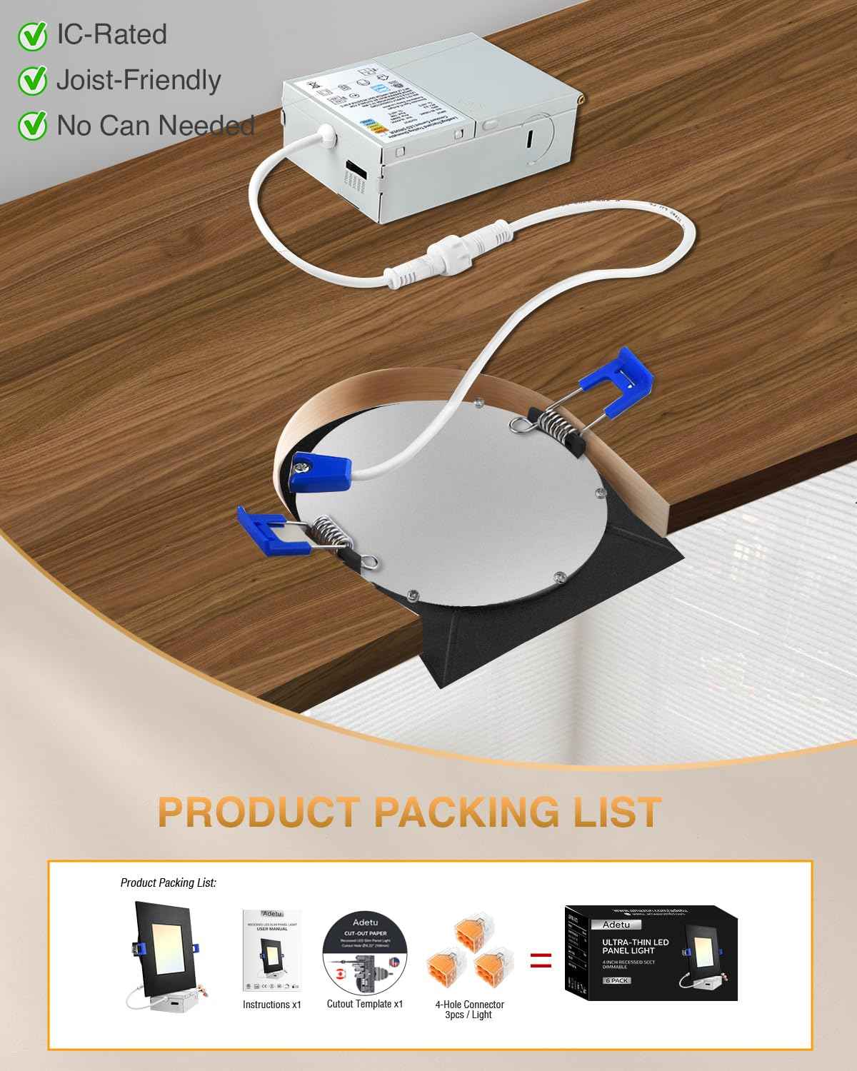 Adetu 6 inch Square Led Recessed Lighting Black,5CCT Ultra Thin Square Led Ceiling Light with Junction Box,14W 1190lm,2700K/3000K/3500K/4000K/5000K Dimmable Downlight,ETL and Energy Star Certified