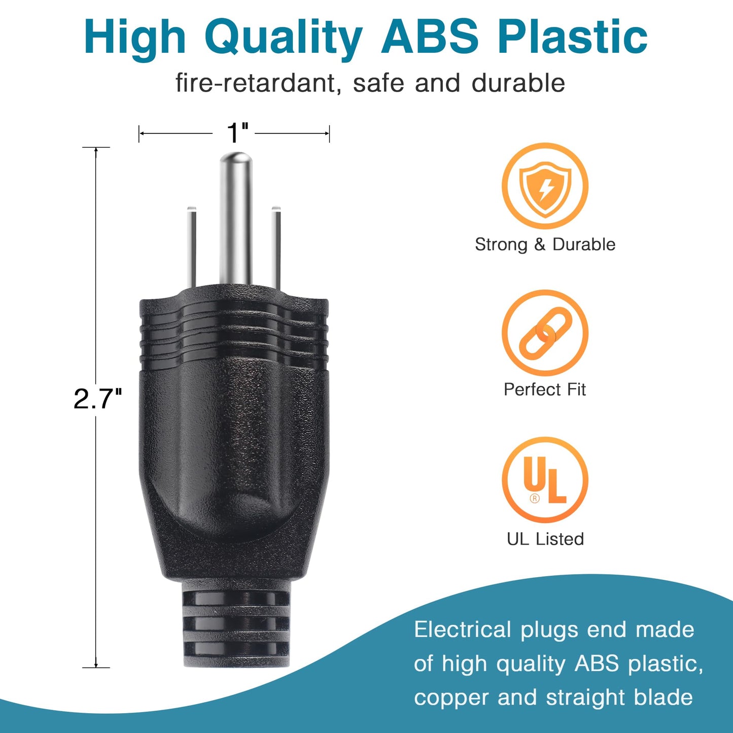 NEMA 5-15P Electrical Replacement Plugs，125V 15A 2-Pole 3-Wire Grounding Replacement for Extension Cord Ends，Male Straight Blade Plug 3-Pack