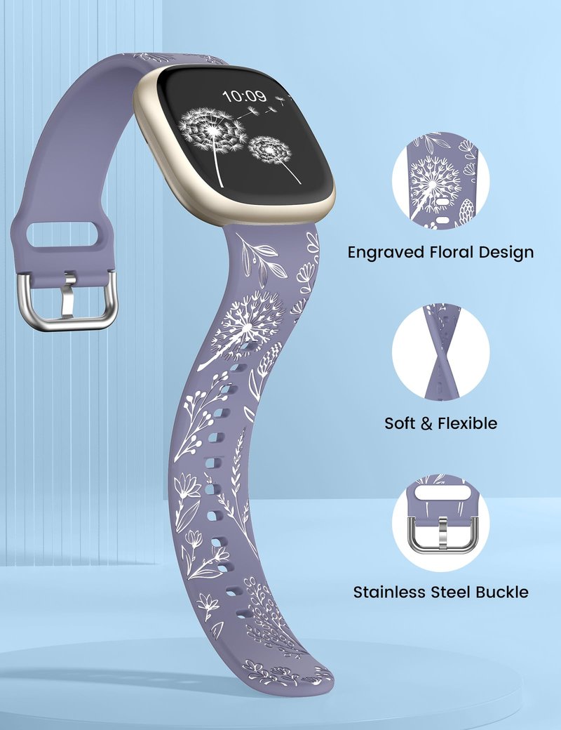 Wearlizer 2 Packs Floral Engraved Band Compatible with Fitbit Versa 4 Bands for Woman/Versa 3/Sense 2/Sense Bands Women, Cute Two-Tone Flower Soft Silicone Sport Strap