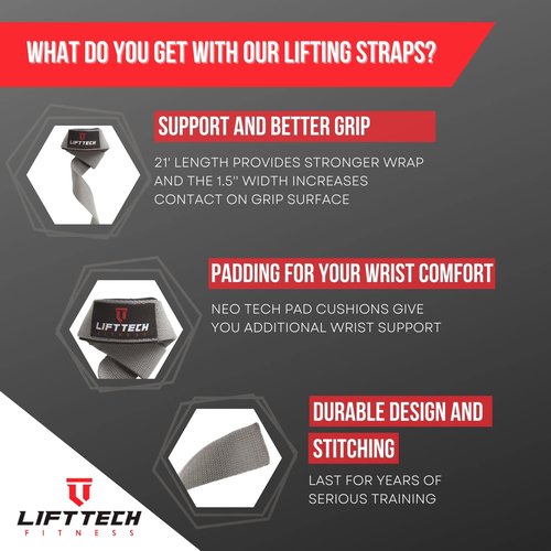 Lift Tech Fitness Weight Lifting Straps For Men and Women - Cotton Gym Straps for Weightlifting, HIIT, Strength Training - Pull ups & Deadlift Straps - Lifting Wrist Straps - Grey, One Size