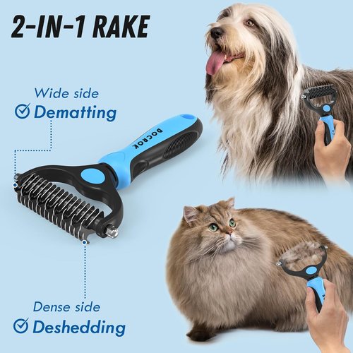 Docrok Pet Grooming Combo - Blue Deshedding Brush & Metal Comb for Long Fur Detangling