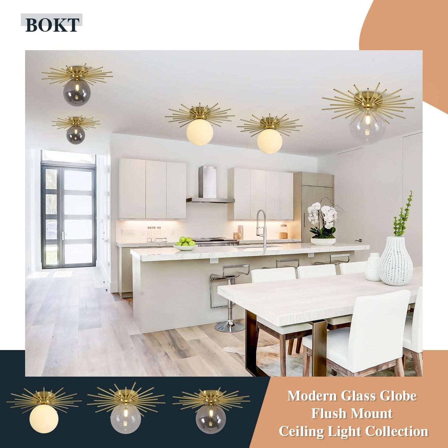 BOKT Modern Gold Semi Flush Mount Ceiling Light Mid Century White Glass Globe Ceiling Light Industrial Close to Ceiling Light Vintage Golden Ceiling Lamps Brushed Brass Hallway Light Fixtures