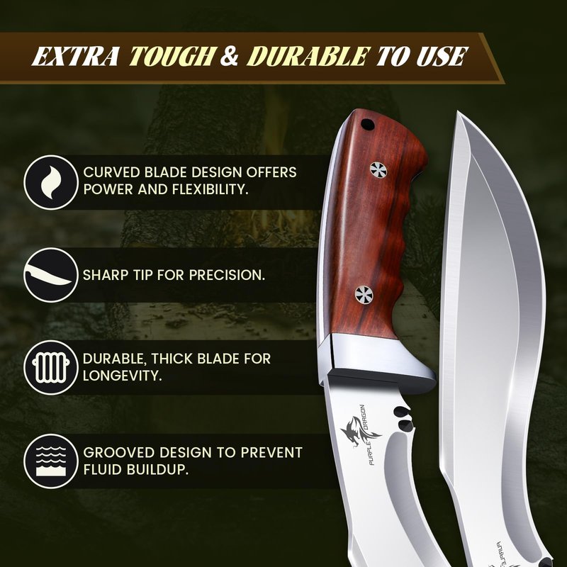 Purple Dragon Kukri Fixed Blade Knife With Sheath, 8 Inch Full Tang Heavy Duty Camping Knives - Christmas Gift for Men and Women