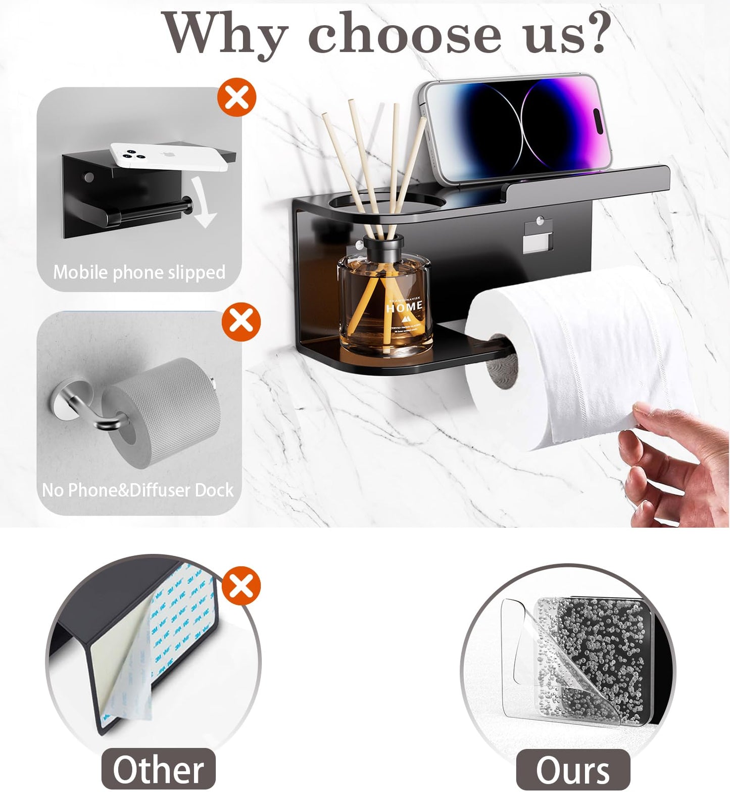 Toilet Paper Holder Wall Mount - Strong Adhesive or Screw Mount Bathroom Toilet Paper Holder with Shelf- SUS304 Stainless Steel Tissue Roll Storage - Holds Phone, Reed Diffuser(Matte Black)