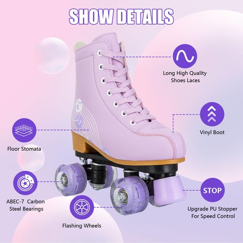 Gets Roller Skates for Girls and Women, PU Leather Light Up Outdoor Kids Roller Skates, Cute Four-Wheel Beginner Roller Derby Skates Girls Ages 8-12(Purple,36)