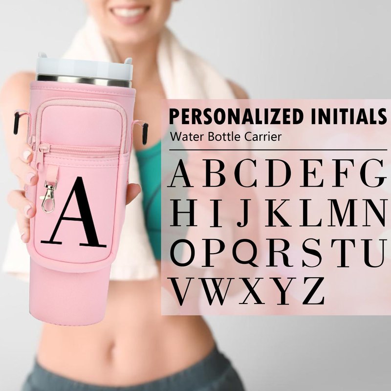 Water Bottle Holder with Adjustable Strap for Stanley Cup 40 oz Tumbler with Handle, Personalized Initial, Neoprene Water Bottle Carrier Bag with Phone Pocket & Carabiner for Stanley Cup Accessories