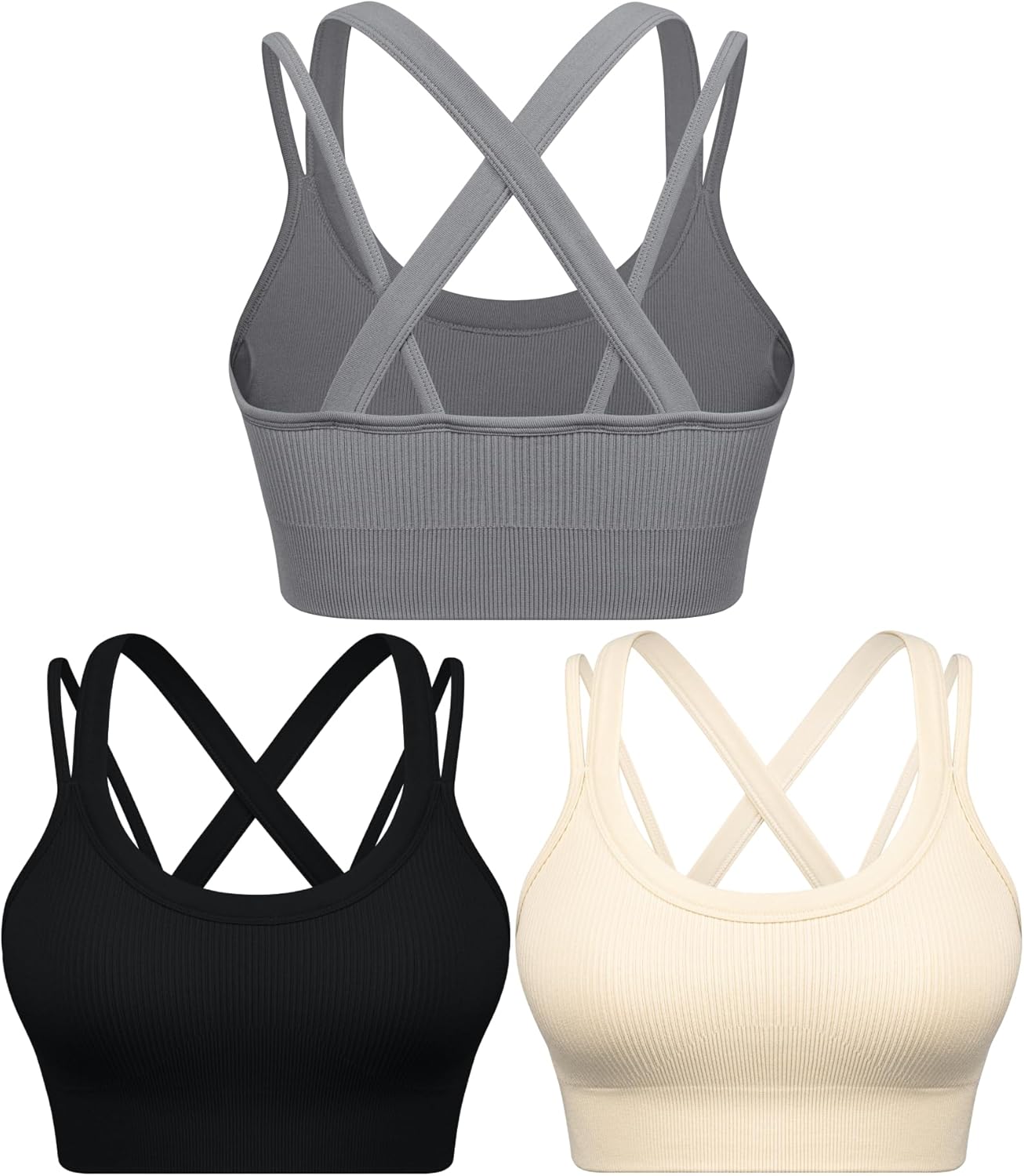 WANAYOU High Support Sports Bras for Women - Ribbed Strappy Criss Cross Back - Padded 3 Pack