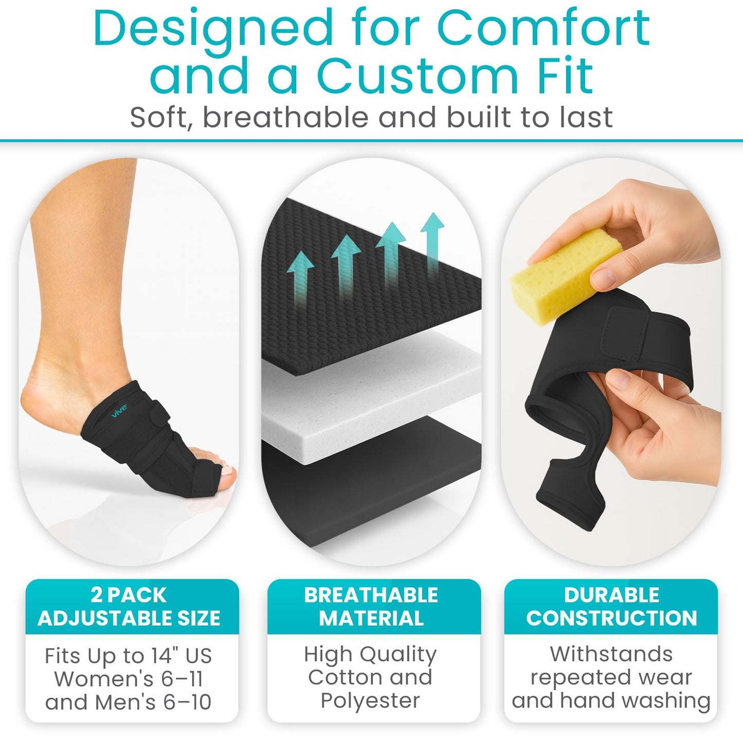 Vive Bunion Brace (Pair) - Big Toe Corrector Straightener with Splint - Hallux Valgus Pad, Joint Pain Relief, Alignment Treatment - Orthopedic Sleeve Foot Wrap Support for Men and Women (Black)