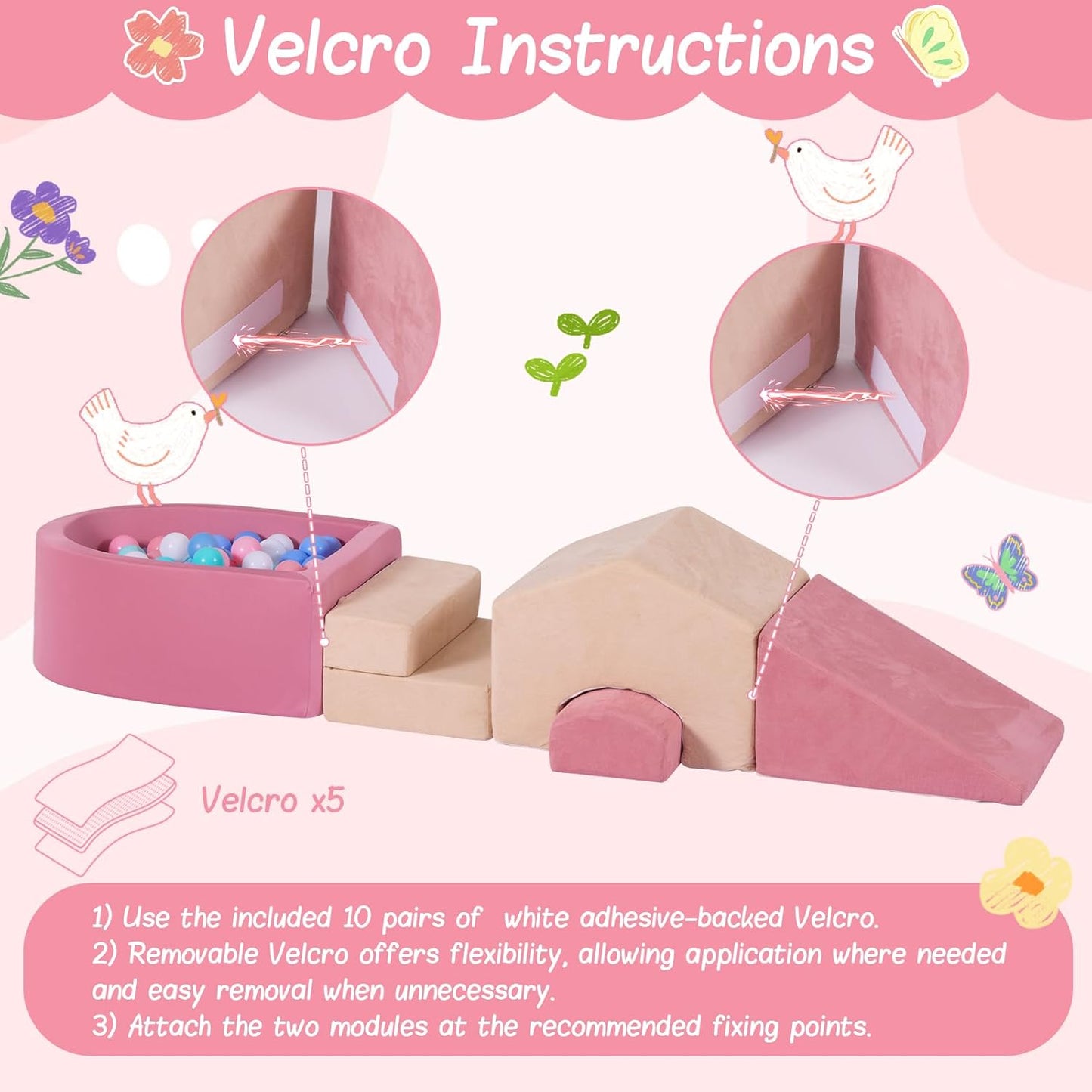 Skiennix 5-Piece Foam Climbing Blocks - Mini House-Shaped Soft Play Set with Ball Pit | Pink & Beige
