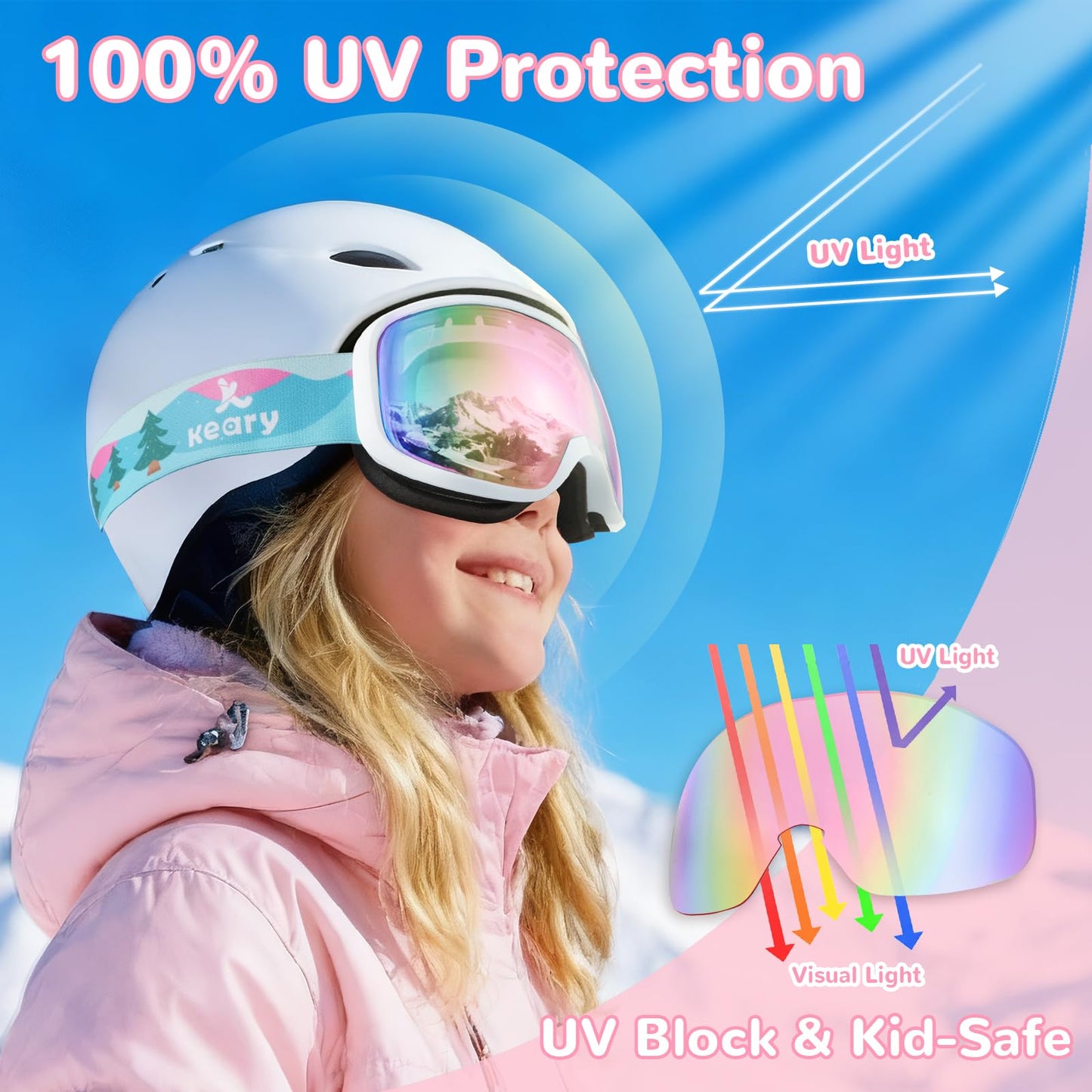 Keary Kids Ski Goggles for 3-14 6-14 Snowboard Goggles Snow Goggles Kids Toddler Boys Girls Youth Child Snowboarding Goggles UV Protection Anti-Fog Pink Winter Snow Sports with Helmet