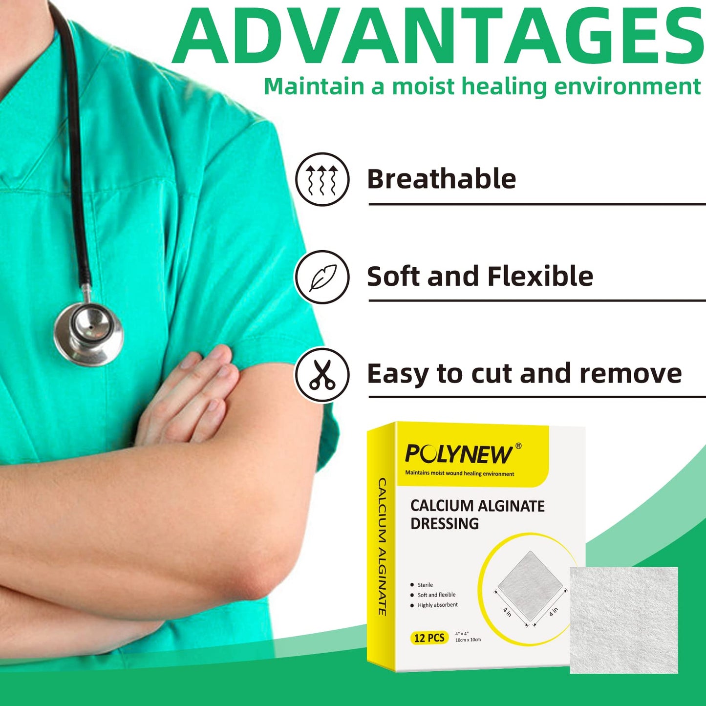 Polynew Calcium Alginate Wound Dressing, 4'' x 4''-12 Pcs/Box Soft and Highly Absorbent Pads, Home Health Care, Medical Supplies for Wound Care