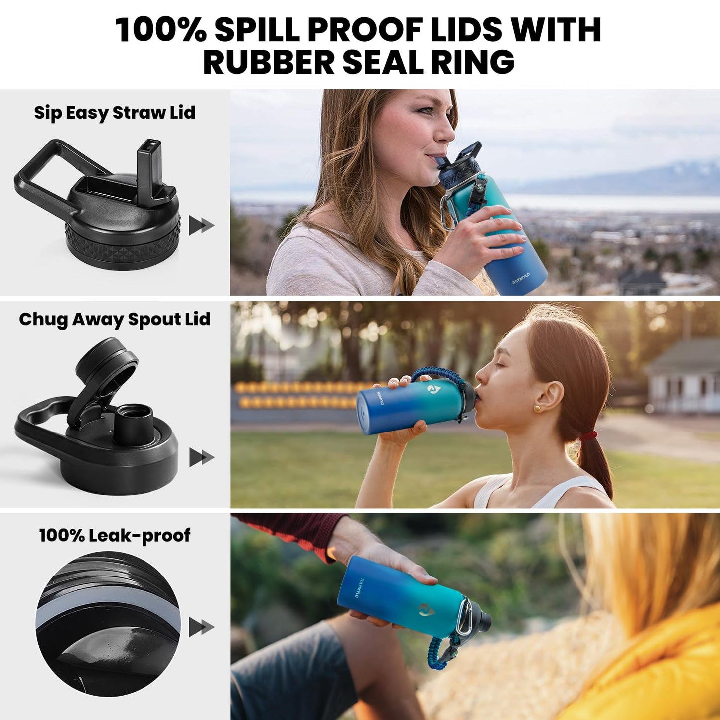 RAYMYLO Insulated Water Bottle 32 oz, Triple Wall Vacuum Stainless Steel (Cold for 24Hrs, Hot for 12Hrs), Leak Proof & Non-BPA, Modern Water Flask Jug with Paracord Handle & Straw Spout Lids