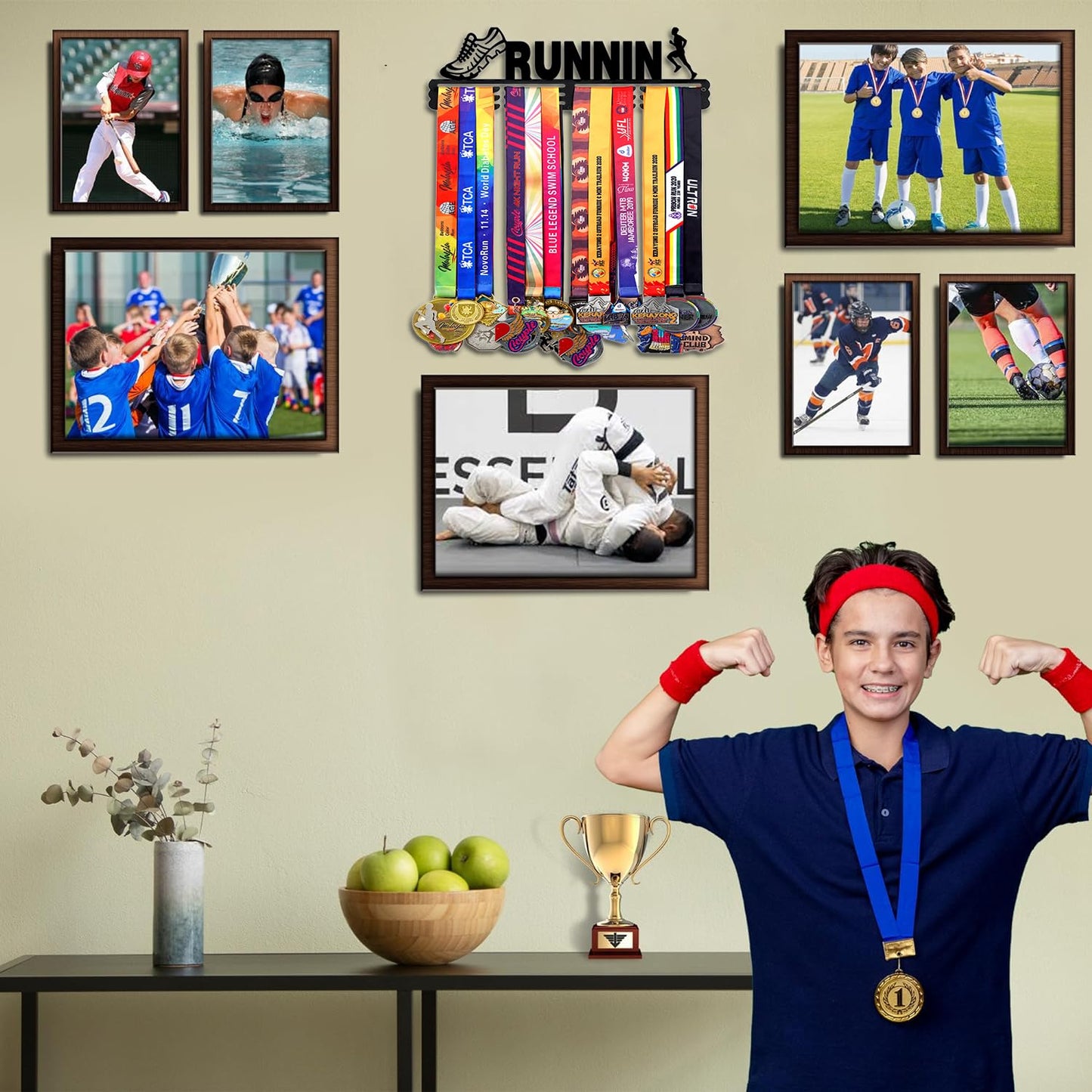 Goutoports Personalized Medal Holder with Name Display Rack for Awards Ribbons - Metal Custom Sports Race Plaques Hanger for Wall Mount Hold Up 60 Medal Hanger Display for Athlete Boy Girl Kid