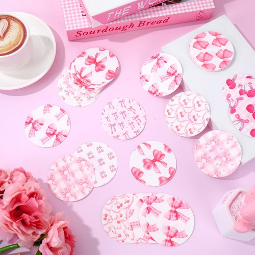 JarThenaAMCS 40 Pcs Pink Adhesive Patch NO Glue in The Center Sensor Cover Pre-Cut Bow Cherry Elastic Fabric for Continuous Glucose Monitor Fits Freestyle Libre 2 & 3