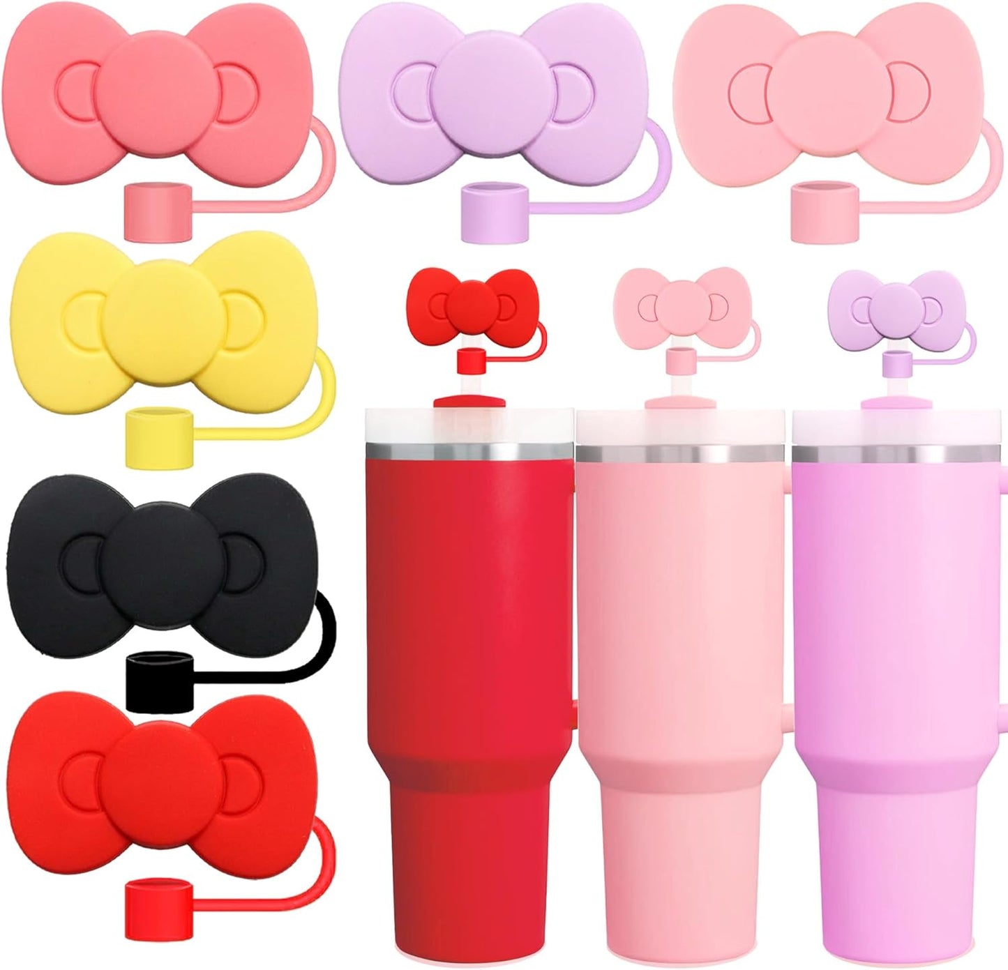 Skiennix Cute Bow Silicone Straw Toppers - 6 Bow-Shaped Covers for Stanley Cups 30 & 40 Oz | Reusable Accessories