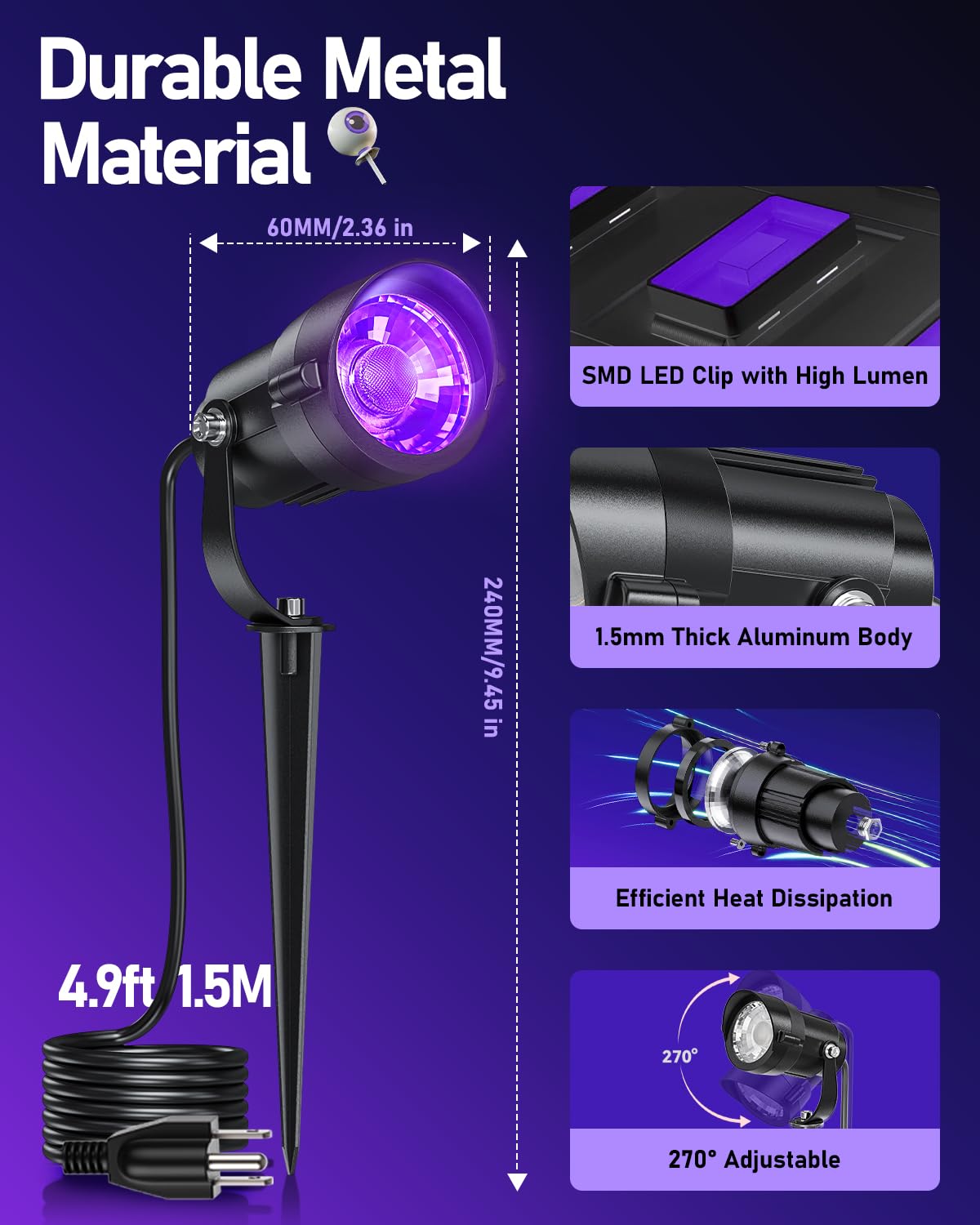 HIBOITEC Halloween Black Light Spotlight Outdoor 12W IP65 Waterproof LED Spot Lights Landscape Lighting with 4.9ft US Plug for Glow Party Body Paint Yard Garden Decorations 1Pack