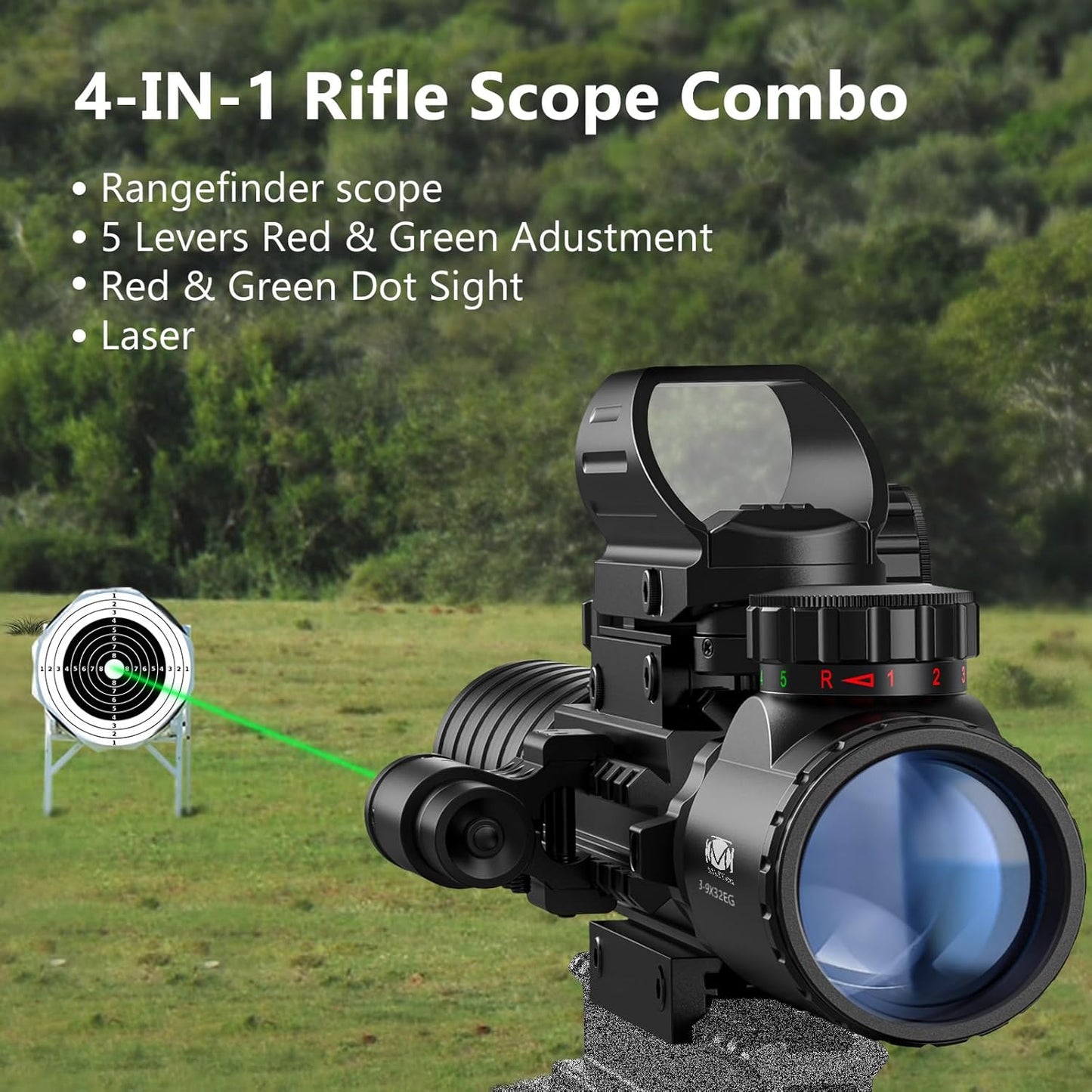MidTen 3-9x32 Scope Combo - Dual Illuminated Optics with Red/Green Dot Sight & Laser Rangefinder