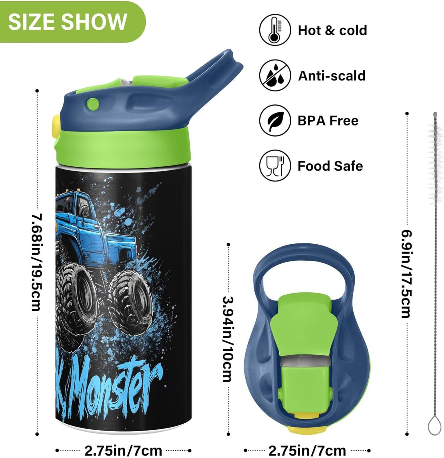 Monster Truck Water Bottle - Vacuum Insulated Stainless Steel with Straw & Handle | 12 oz Green Lid for Kids 4-8 Years Old