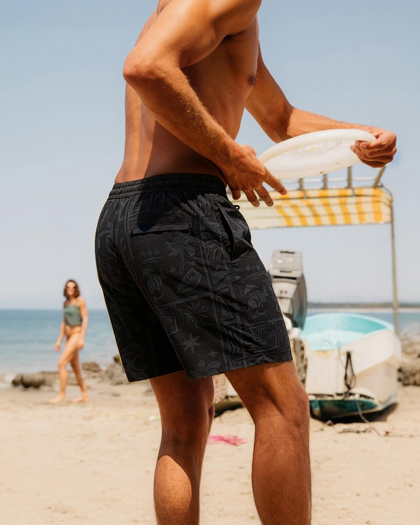 SURF CUZ Mens Swim Trunks with Compression Liner Quick Dry Swim Shorts 7" Swimming Trunks Stretch Zipper Pockets,Cool Coast,XS