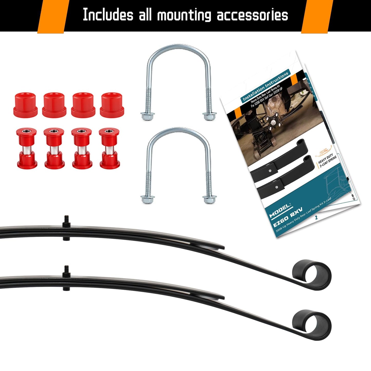 Golf Cart Rear Spring Kit for EZGO RXV 2008-Present, Heavy Duty 2- Leaf Rear Spring Kit with Bushing & Sleeves for E-Z GO RXV Golf Cart 2008 and Up