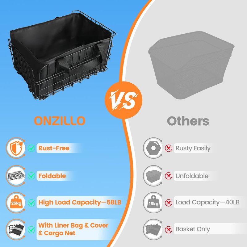 ONZILLO Bike Basket Rear, Bicycle Basket Foldable with Rainproof Cover and Removable Liner Bag, Metal Electric Basket for Adult Women Men Carrying Small Dogs Cats Pets, Grocery, 14.9"×10.7"×8.4"