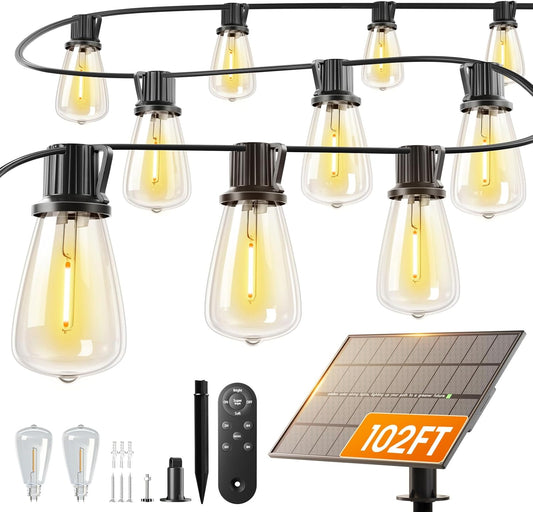 Solar String Lights Outdoor 102FT - 30+2 Waterproof LED Bulbs, Remote Control, Dimmable, 3 Modes for Patio & Garden