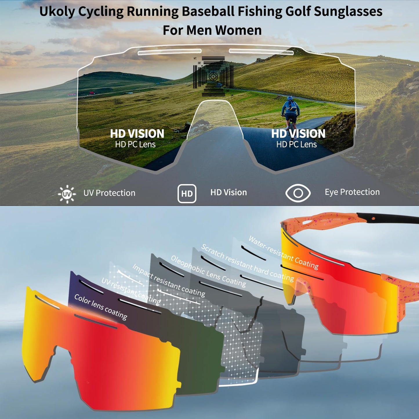 Ukoly Cycling Sunglasses for Men Women with Interchangeable nosepad, Polarized Sports Sunglasses, Baseball Sun glasses 550A LO