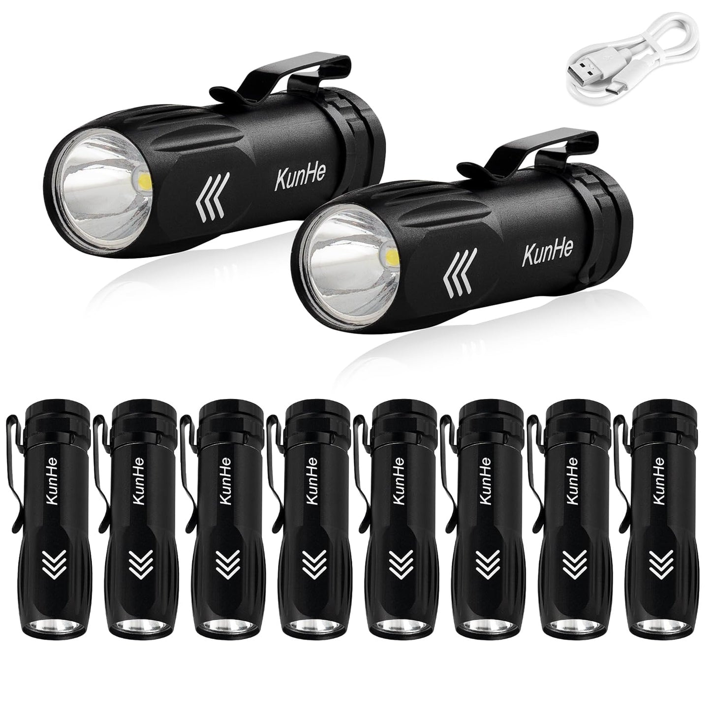 KunHe 10 Pack Small Rechargeable Flashlights Bulk USB-C Mini High Lumen Flashlight Clip-on Portable Pocket Flash Light for EDC Emergency Home Use