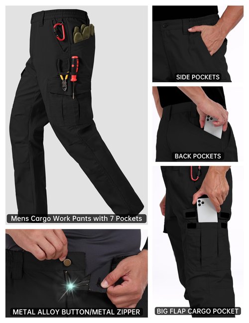 CNBQDD Work Pants for Men Ripstop Tactical Pants Water Resistant Breathable Cargo Work Pants for Men Outdoor Hiking Pants with 7 Pockets Black 34Wx32L