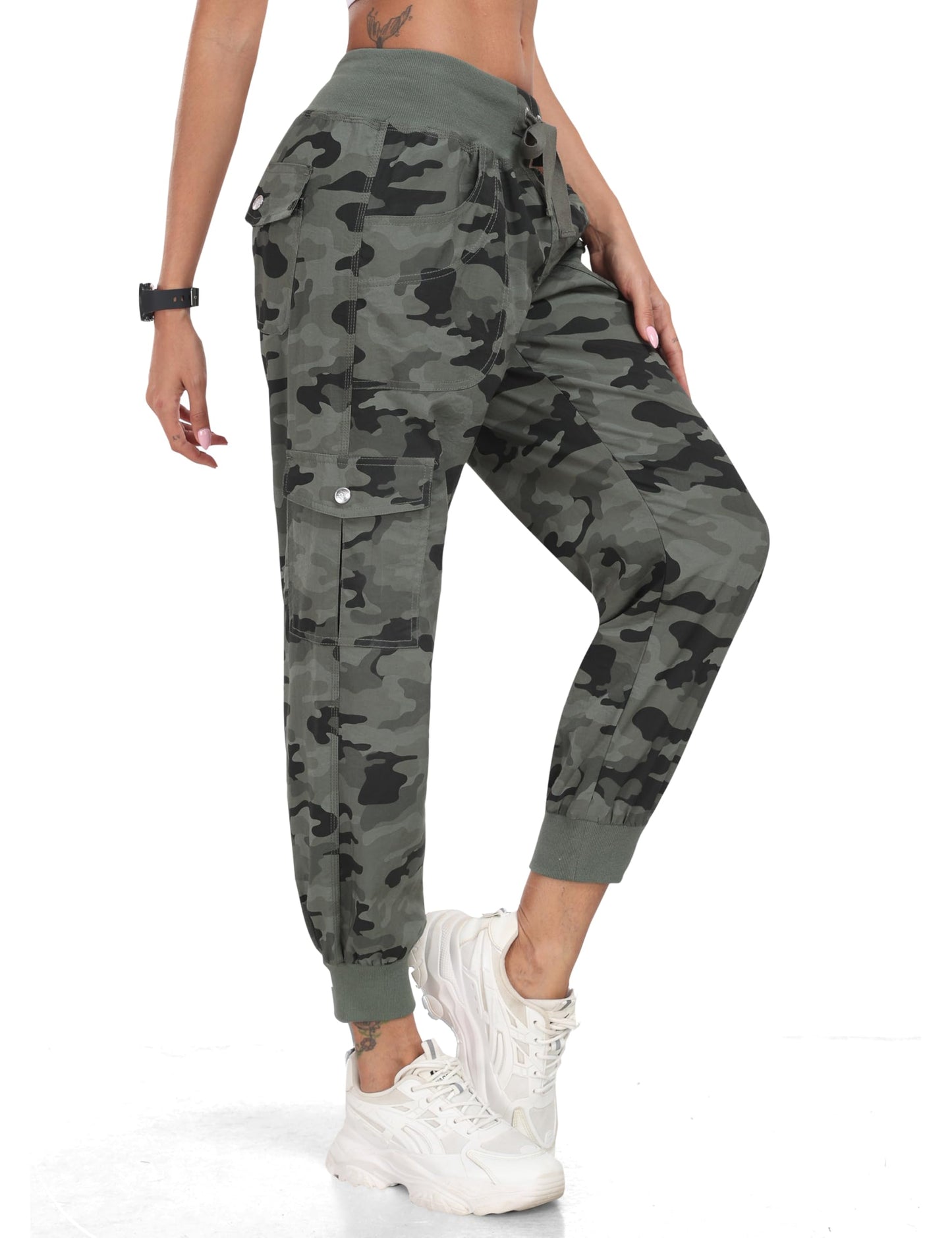 MoFiz Women Cargo Pants with Pockets Lightweight Outdoor Summer Travel Casual Hiking Pants Running Joggers Sweatpants Elastic Waist Camouflage Green L