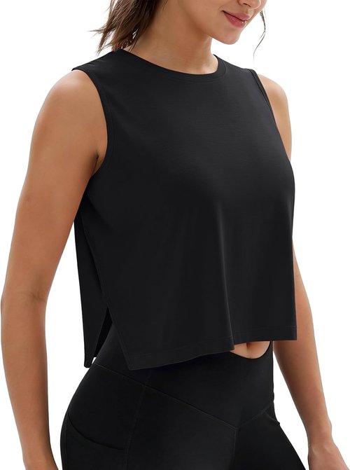 MAGCOMSEN Women's Crop Tank Tops - Sleeveless Workout Gym Top with Side Slits for Comfort and Style