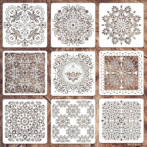 Wall Stencils for Painting Large Pattern, 9Pcs 12 Inch Mandala Stencils for Crafts on Wall Wood Furniture Floor Tile, Plastic Reusable Stencils for Home Decor and Other DIY Projects