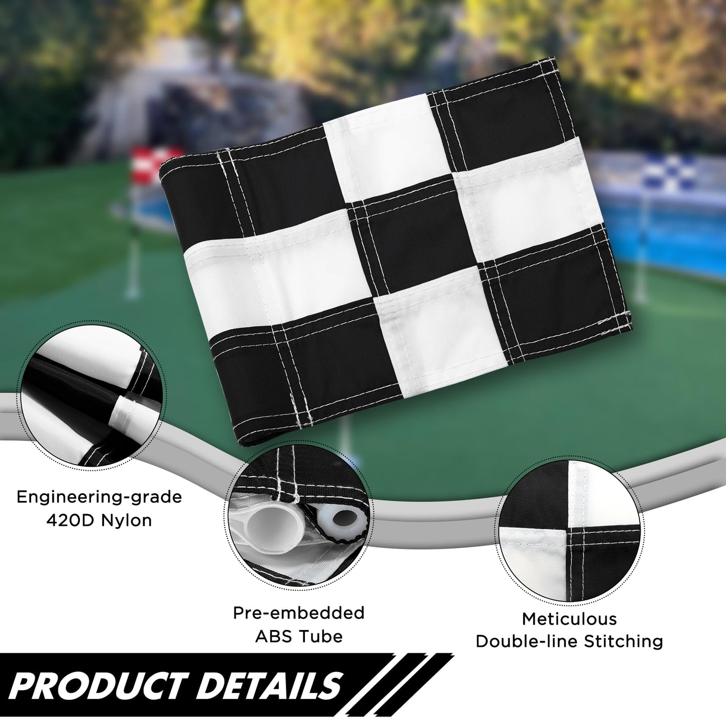 KINGTOP Checkered Golf Flag 8x6 Inch – Black/White Check, 420D Nylon, Tube Inserted – Mini Practice Putting Green Flags for Yard, 3-Pack