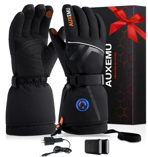 Heated Gloves for Men Women, Auxemu 7.4V Fast Heating 8H Warmth Heated Gloves with Visual Button Touchscreen/Reflective Strip/Waterproof for Motorcycle Riding, Skiing, Outdoor Work(Black, M)