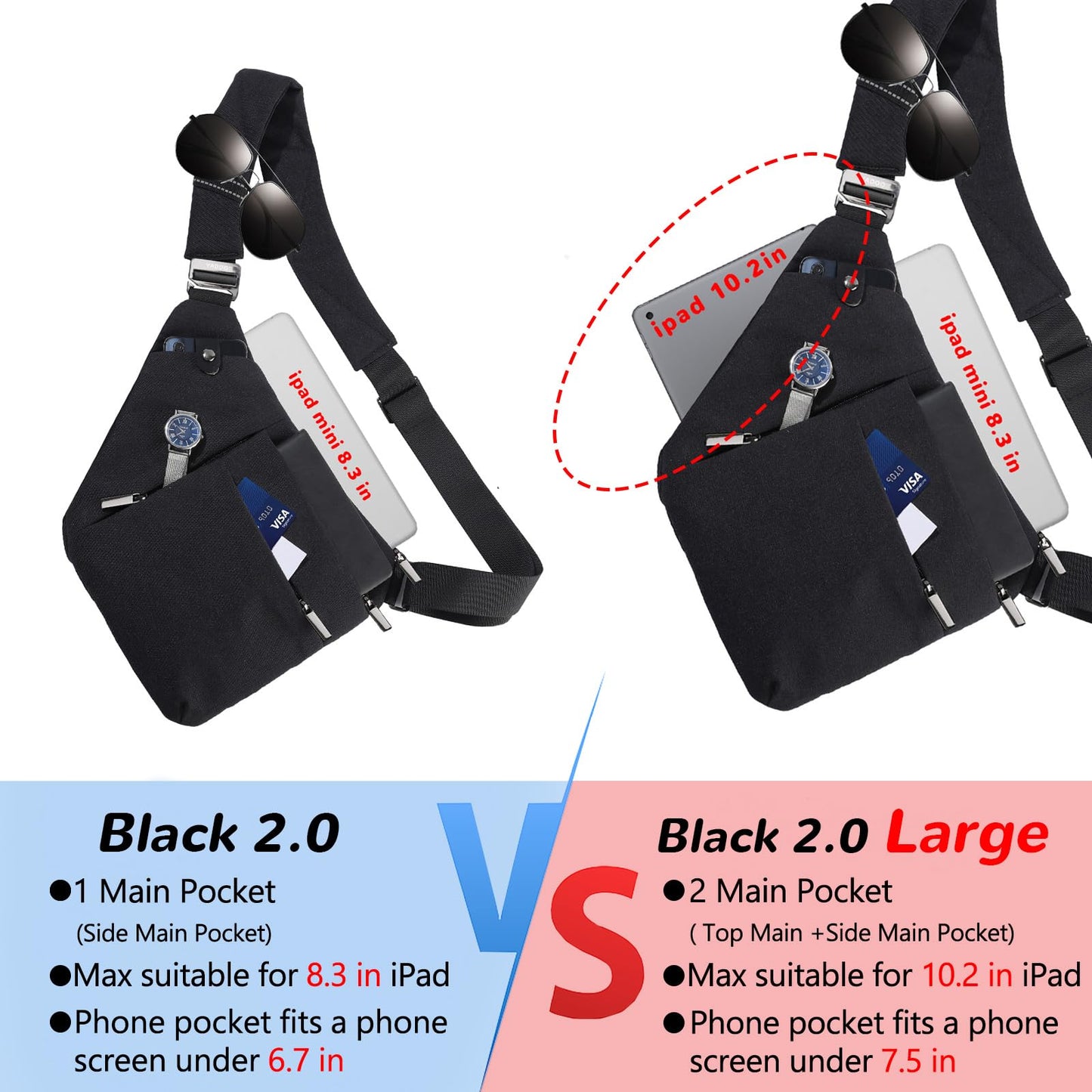VADOO Anti-theft Sling Bag, RFID Blocking Crossbody Bag for Women and Men Lightweight Shoulder Chest for Travel Sport, Black Large