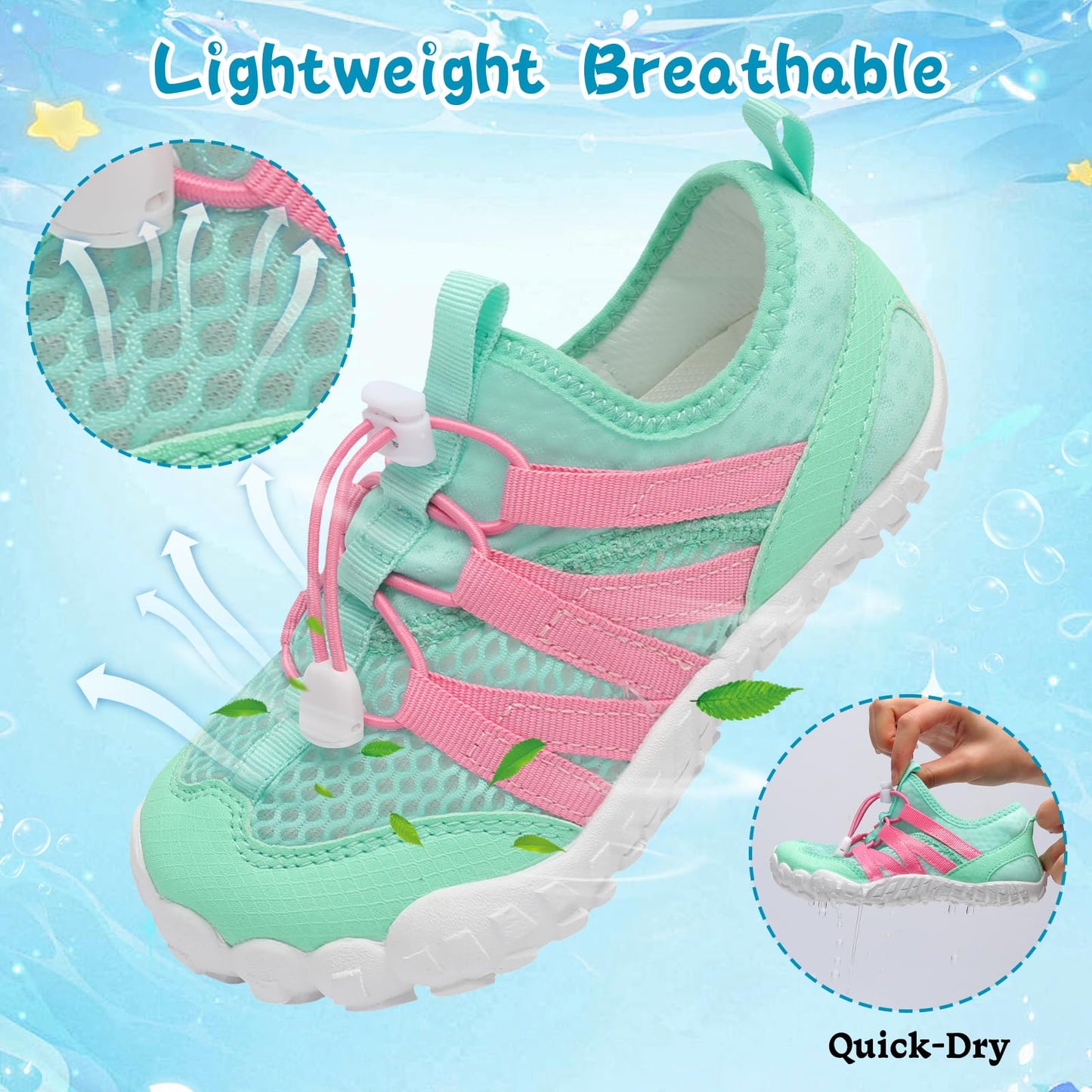 LeIsfIt Kids Water Shoes Boys Girls Wide Barefoot Swim Shoes Quick Dry Aqua Socks with Non-Slip Sole for Beach Pool Surf Hiking Green 2 Big Kid