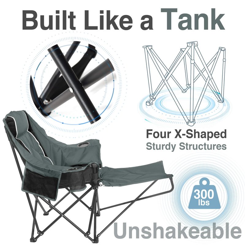 USKAU Camping Chair with Removable Footrest, Oversized Outdoor Chair with Headrest & Cup Holders, 300lb Capacity Lawn Chair for Sports Backyard Fishing