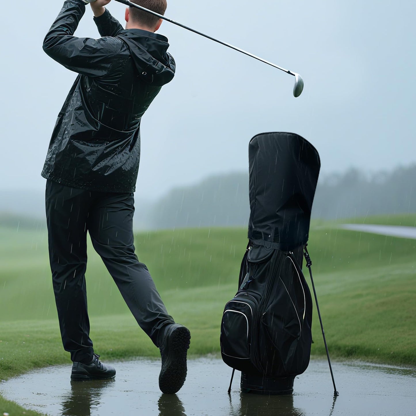 FINGER TEN Golf Bag Rain Cover with Adjustable Hood, Universal Fit Top Cover for Stand & Cart Bags, All-Weather Protection Waterproof Dustproof Protector for Outdoor Use (Upgraded-Black)