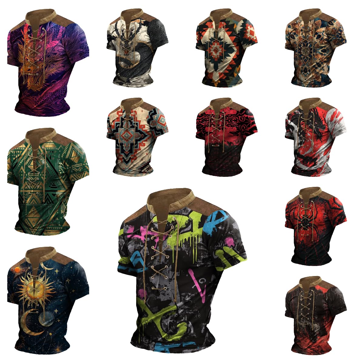 Tactical Polo Shirts for Men Totem Print Short Sleeve Lace Up Cotton Crewneck Stylish Pullover 2025 Summer Big and Tall Distressed Tshirts Slim Cool Breathable Lightweight Outdoor Running Shirt,3XL