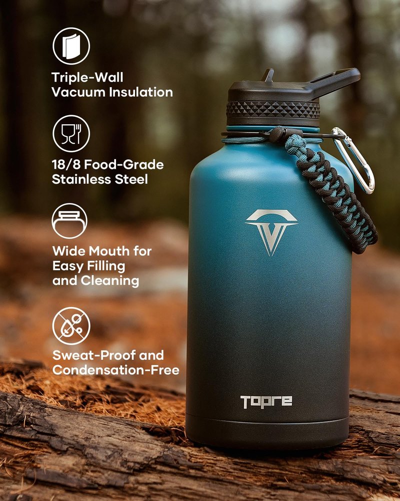 Topre 64 oz Insulated Water Bottle,Half Gallon Water Flask Stainless Steel Vacuum, Cold for 48 Hrs,BPA-Free & Leakproof -with Paracord Handle, Strap,Straw Spout Lids,Large Jug for Gym,Indigo Black