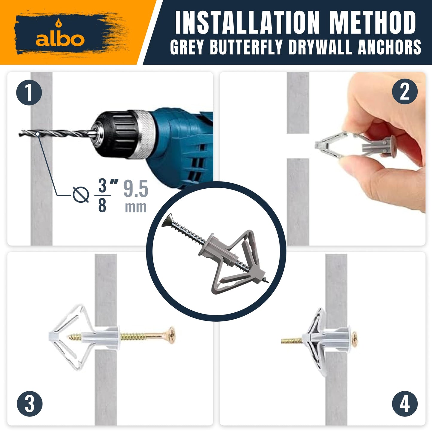 ALBO Drywall Anchor Kit Hollow Wall with Screws 50 pcs. (Grey Anchor 25pcs + Screws 25pcs) Plastic Hollow Wall Drilling Anchors