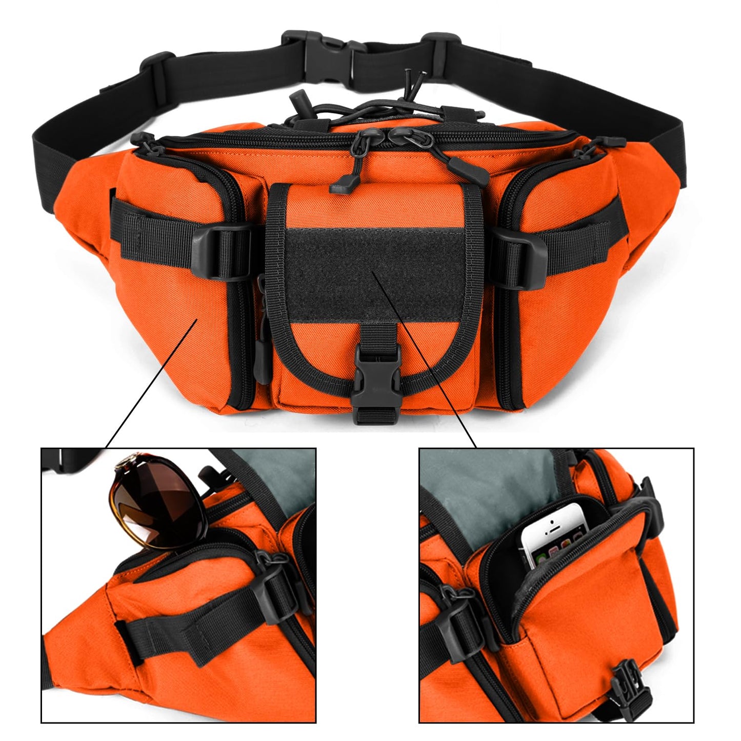 ArcEnCiel Tactical Fanny Pack for Men Women Waist Bag Hip Belt Outdoor Hiking Fishing Bumbag with Patch (Orange)
