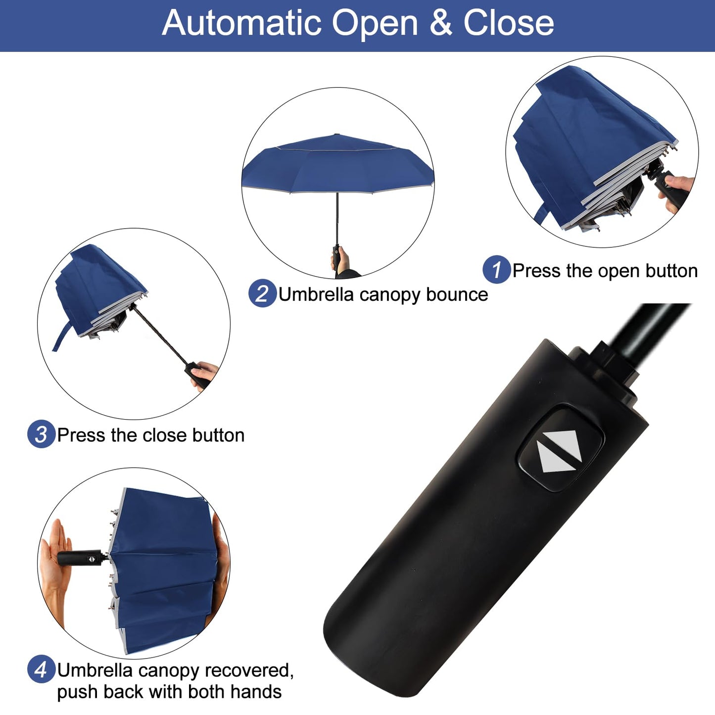 Satol 62 Inch Large Portable Golf Umbrella with Reflective Stripe, Windproof 10 Ribs Vented Double Canopy Oversize Compact Rain Umbrellas for Travel, Waterproof UV Protection Umbrella Auto Open/Close