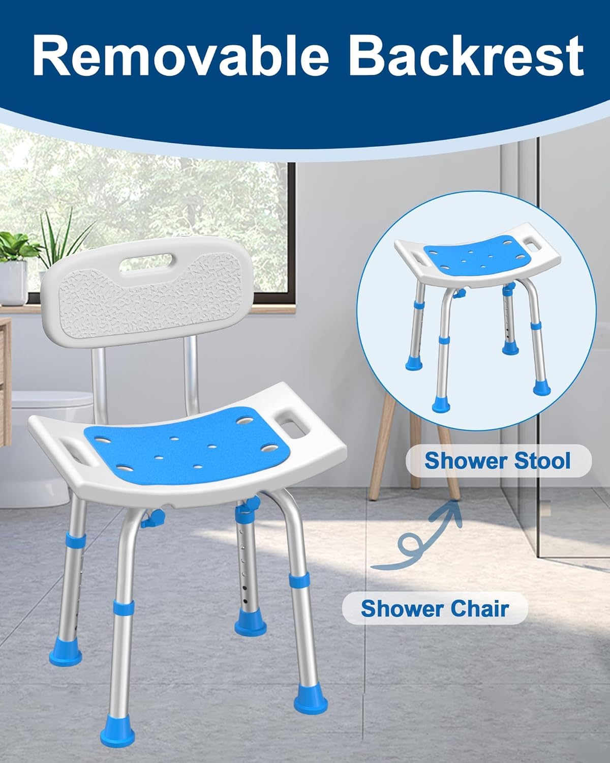 Heavy Duty Shower Chair for Seniors - 400 lbs Capacity, Removable Back, Safe Bath Seat for Bathtub - Gray