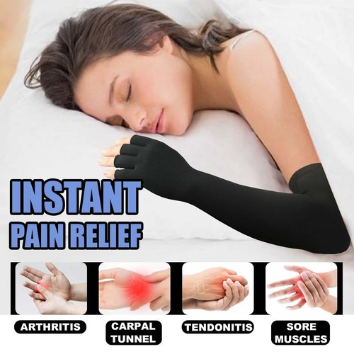 Gorbgle Long Copper Arthritis Gloves for Carpal Tunnel, Compression Gloves for Hand Pain Relief, Wrist Arm Support, Fingerless Typing Gloves for Rheumatoid, Tendonitis, Fits Women Men, 1 Pair, Medium